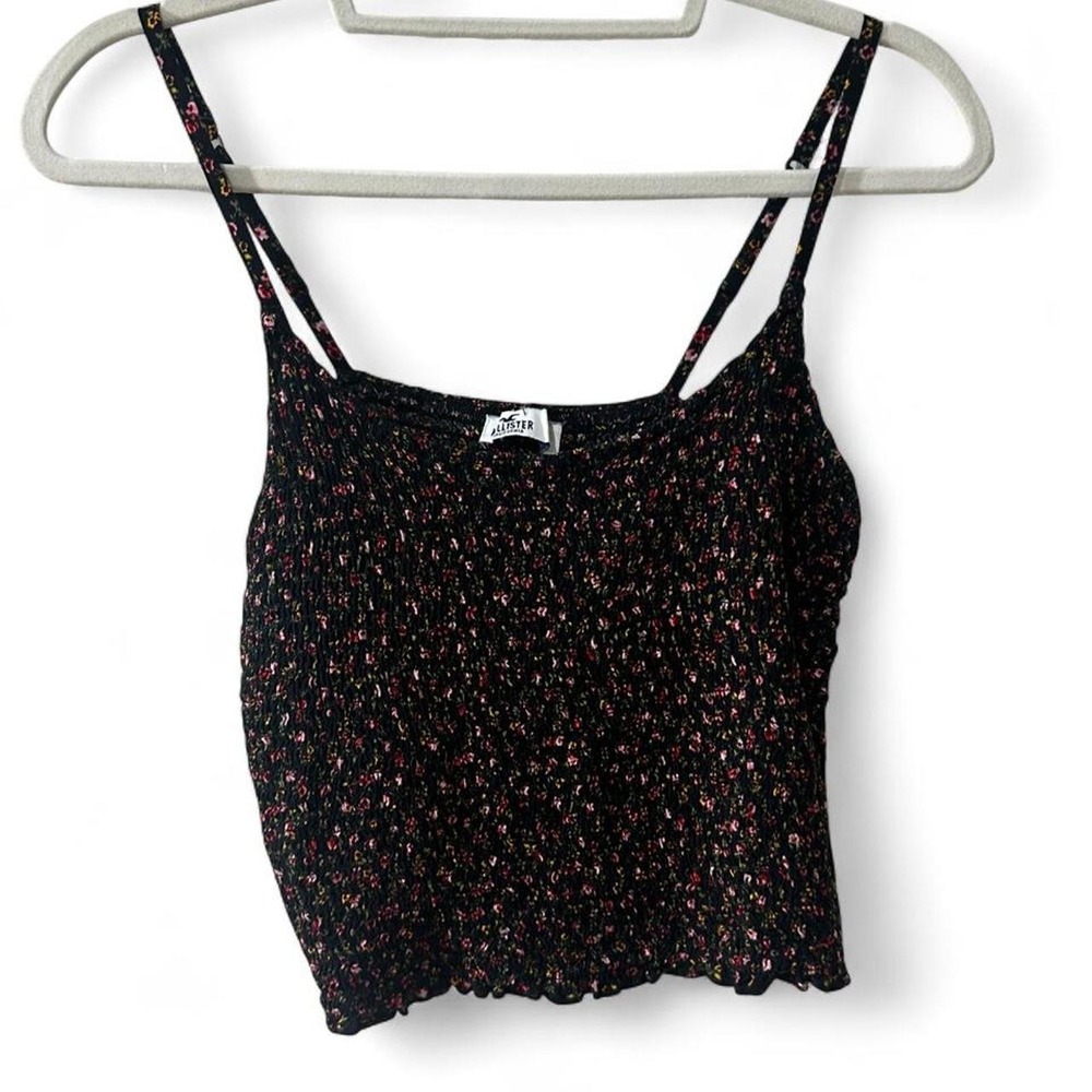 Hollister Cami Top Womens Medium Black Floral Smocked Double Strap Tank Blouse M